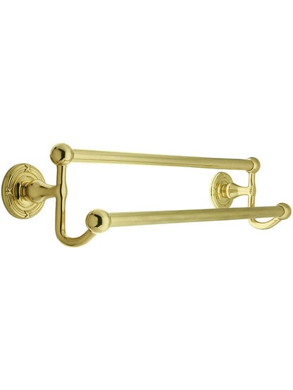 18 inch Brass Double Towel Bar with Ribbon and Reed Rosettes in Polished Brass.